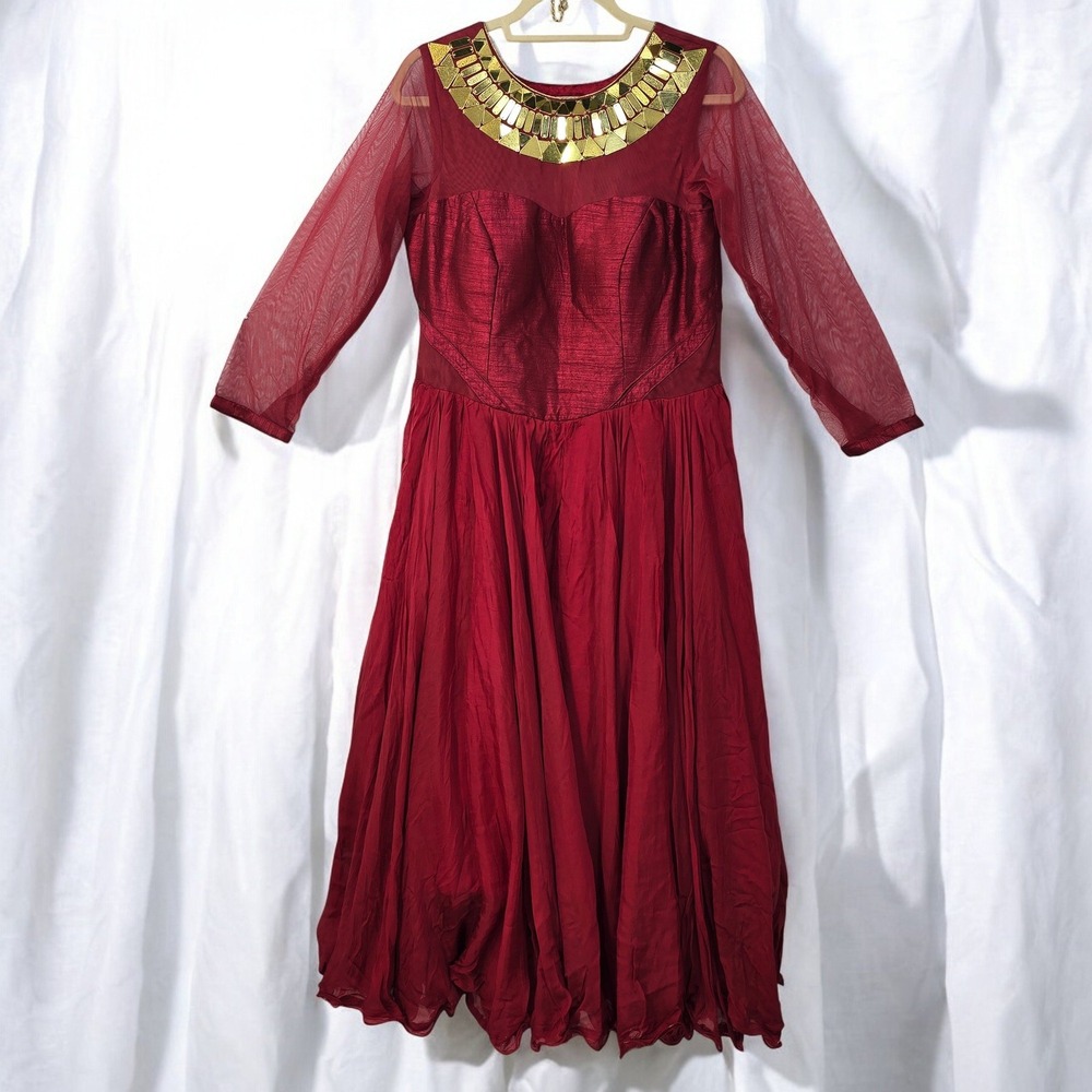 Rhythm Dress Gold Embellished Neckline Flowy Long Sleeve Woman XL Lined Bohemian
